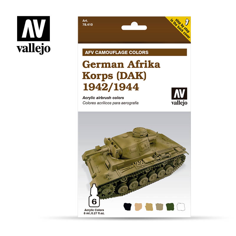 VAL-78410 - набор из шести акриловых красок для аэрографии, цвета: германского Африканского корпуса времен Второй мировой войны (Deutsche Afrika Korps), шесть флаконов по 8 мл.