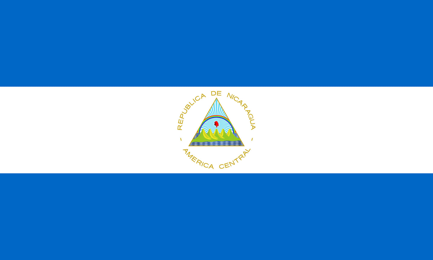 INR-NIC-15x22-2 - государственный флаг Респу́блики Никара́гуа, размер: 15х22 см, материал: атлас. Печать с двух сторон. Подставка и шток приобретаются отдельно