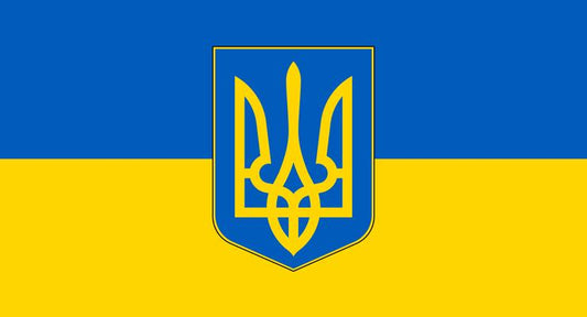 INR-UKRC-15x22-2 - флаг с гербом Украины, размер: 15х22 см, материал: атлас. Печать с двух сторон. Подставка и шток приобретаются отдельно