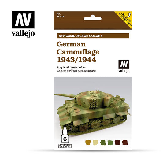 VAL-78414 - набор из шести акриловых красок для аэрографии, цвета: немецкие камуфляжные цвета бронетанковых войск времен Второй мировой войны (German Camouflage 1943/1944), шесть флаконов по 8 мл.