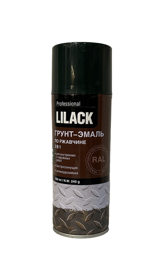 LK-0162-6005-DX - аэрозольная грунт-эмаль по ржавчине «3 в 1» Lilack RAL PROFESSIONAL, цвет: зеленый мох глянцевый RAL 6005, баллон: 520 мл.