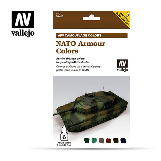 VAL-78413 - набор из шести акриловых красок для аэрографии, цвета: бронетанковых войск НАТО (NATO Armour Colors), шесть флаконов по 8 мл.