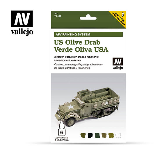 VAL-78402 - набор из шести акриловых красок для аэрографии, цвета: темно-оливковый армии США времен Второй мировой войны (US Army Olive Drab), шесть флаконов по 8 мл.