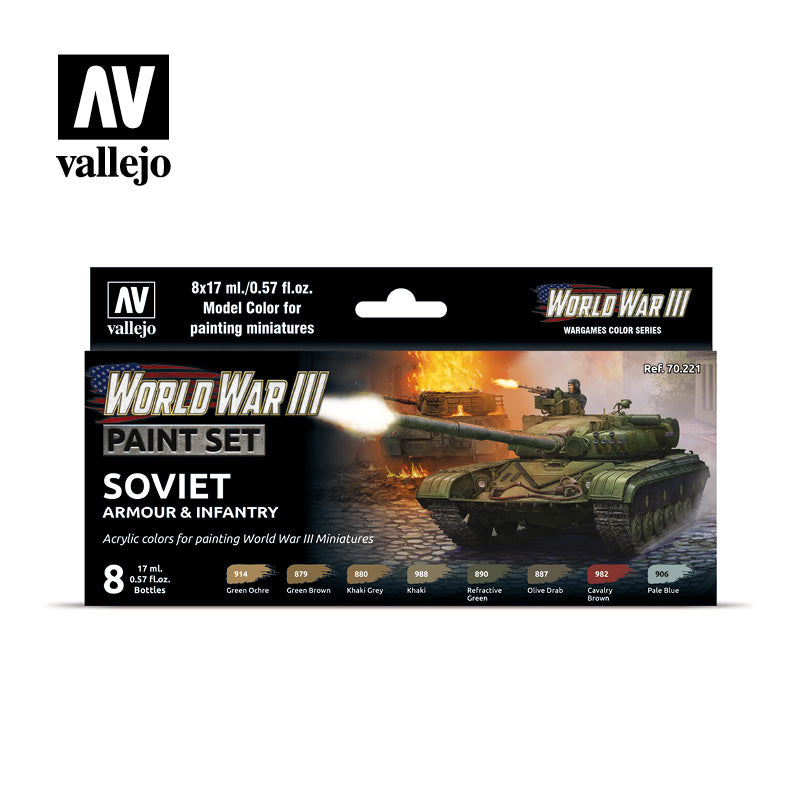 VAL-70221 - набор акриловых красок Model Color Set, цвета бронетанковых и пехотных войск СССР периода Третьей мировой войны (8 флаконов по 17 мл.)