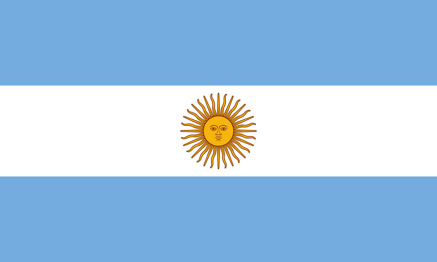 INR-ARG-15x22-2 - государственный флаг Аргентины, размер: 15х22 см, материал: атлас. Печать с двух сторон. Подставка и шток приобретаются отдельно