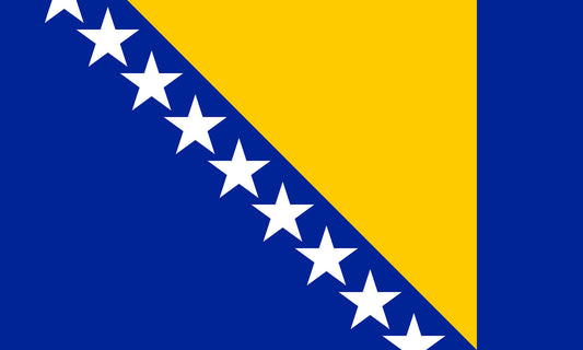 INR-BOS-15x22-2 - государственный флаг Боснии и Герцеговины, размер: 15х22 см, материал: атлас. Печать с двух сторон. Подставка и шток приобретаются отдельно