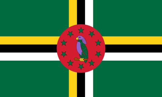 INR-DOM-15x22-2 - государственный флаг Доминикки, размер: 15х22 см, материал: атлас. Печать с двух сторон. Подставка и шток приобретаются отдельно