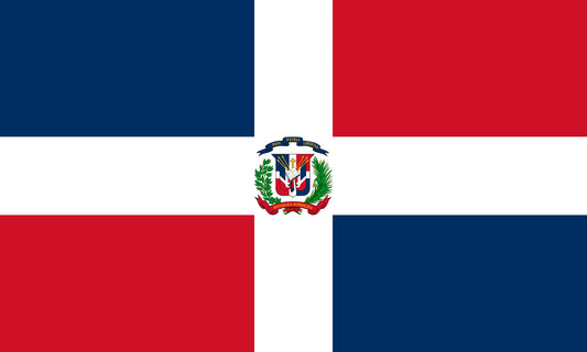 INR-DRE-15x22-2 - государственный флаг Доминиканской Республики, размер: 15х22 см, материал: атлас. Печать с двух сторон. Подставка и шток приобретаются отдельно