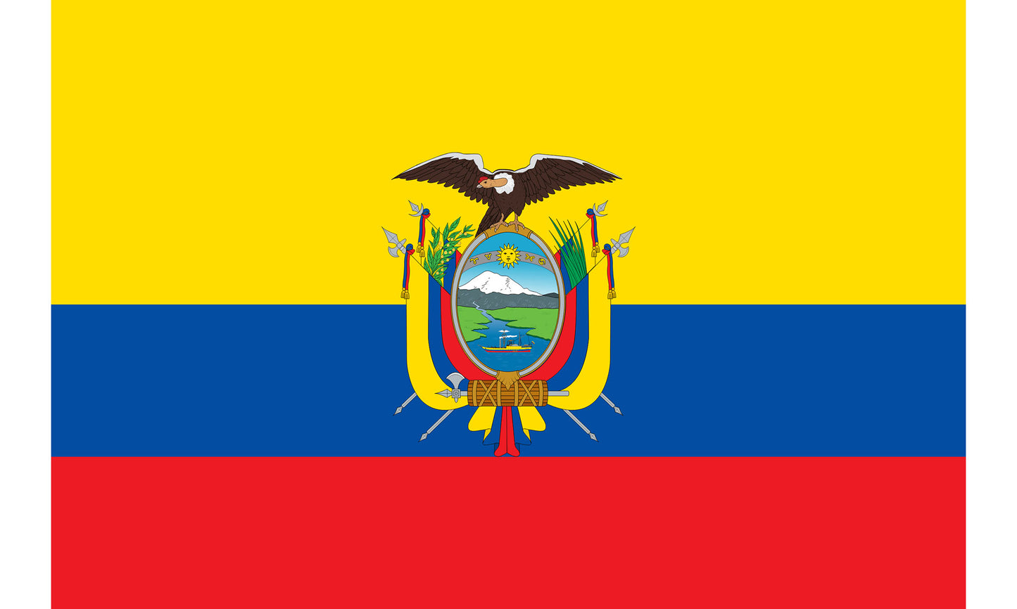 INR-ECR-15x22-2 - государственный флаг Эквадора, размер: 15х22 см, материал: атлас. Печать с двух сторон. Подставка и шток приобретаются отдельно