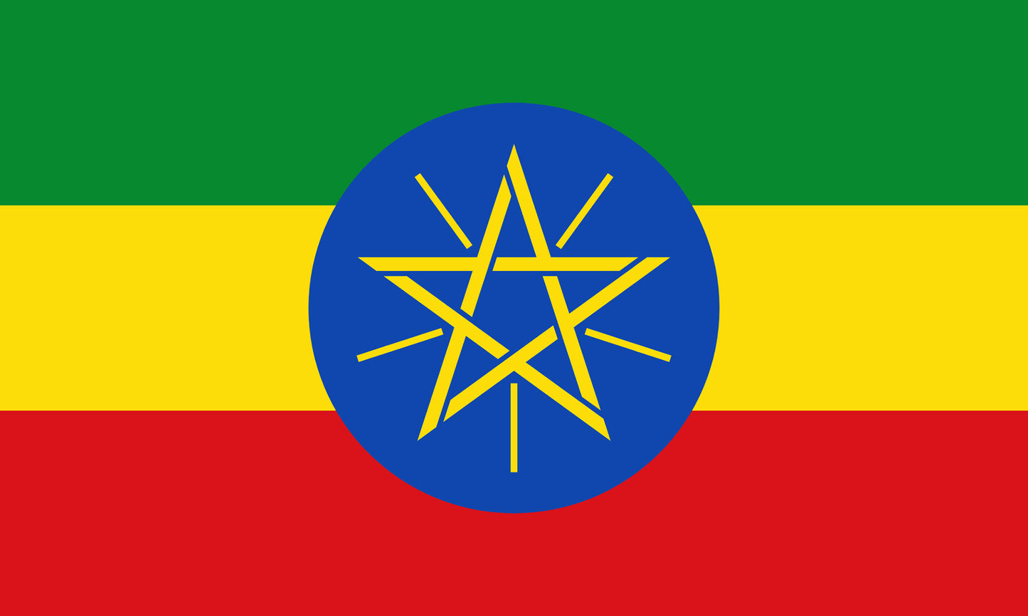 INR-ETH-15x22-2 - государственный флаг Эфиопии, размер: 15х22 см, материал: атлас. Печать с двух сторон. Подставка и шток приобретаются отдельно