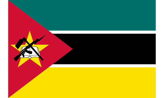 INR-MOZ-15x22-2 - государственный флаг Республики Мозамбик, размер: 15х22 см, материал: атлас. Печать с двух сторон. Подставка и шток приобретаются отдельно