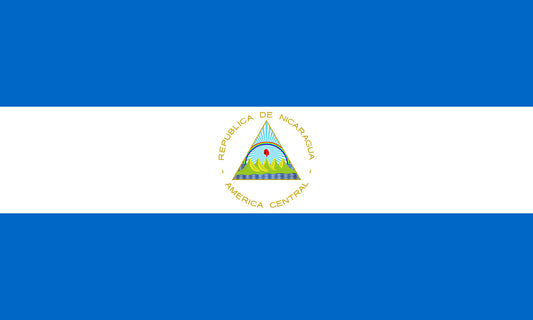 INR-NIC-15x22-2 - государственный флаг Респу́блики Никара́гуа, размер: 15х22 см, материал: атлас. Печать с двух сторон. Подставка и шток приобретаются отдельно