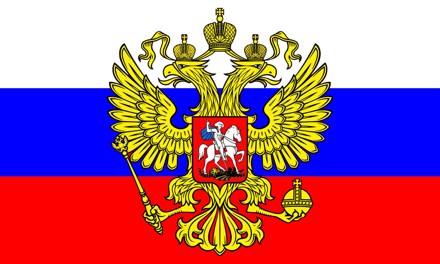 INR-RUSC-15x22-2 - флаг с гербом Российской Федерации, размер: 15х22 см, материал: атлас. Печать с двух сторон. Подставка и шток приобретаются отдельно