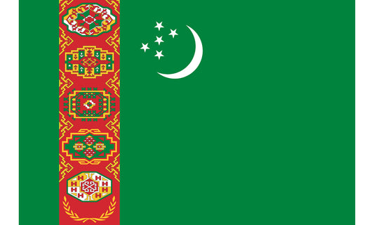 INR-TKM-15x22-2 - государственный флаг Республики Туркменистан, размер: 15х22 см, материал: атлас. Печать с двух сторон. Подставка и шток приобретаются отдельно