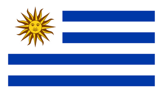 INR-URG-15x22-2 - государственный флаг Восточной Республики Уругвай, размер: 15х22 см, материал: атлас. Печать с двух сторон. Подставка и шток приобретаются отдельно