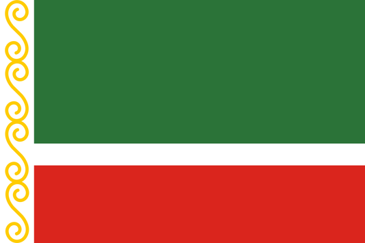 INR-CHE-15x22-2 - государственный флаг Чеченской Республики, размер: 15х22 см, материал: атлас. Печать с двух сторон. Подставка и шток приобретаются отдельно